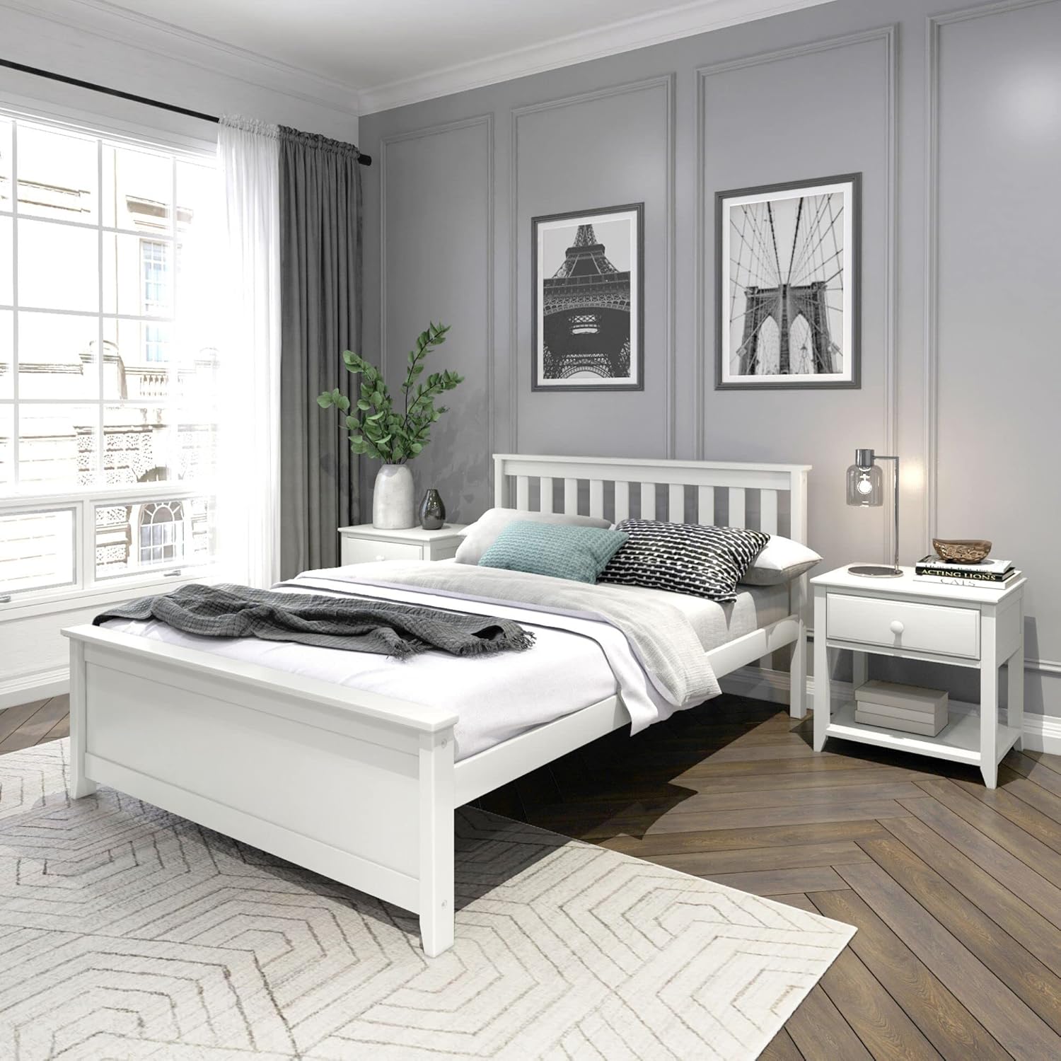 Plank+Beam Solid Wood Full Bed Frame, Platform Bed with Headboard, White