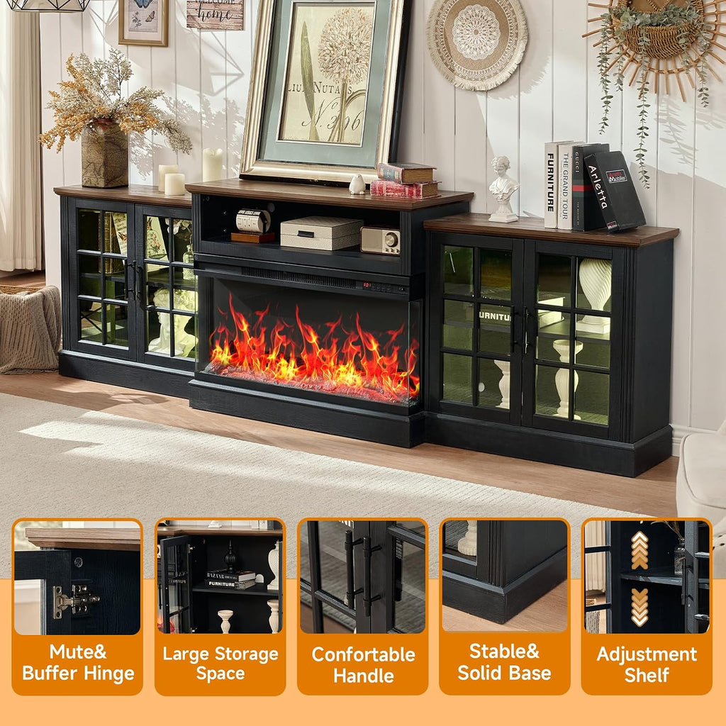 ROCKPOINT 97' Classical Farmhouse Fireplace TV Stand with 3 Sided Glass 36' Electric Fireplace Heater for TVs up to 100',Media Entertainment Center with Adjustable Shelves and Storage Cabinets,Black