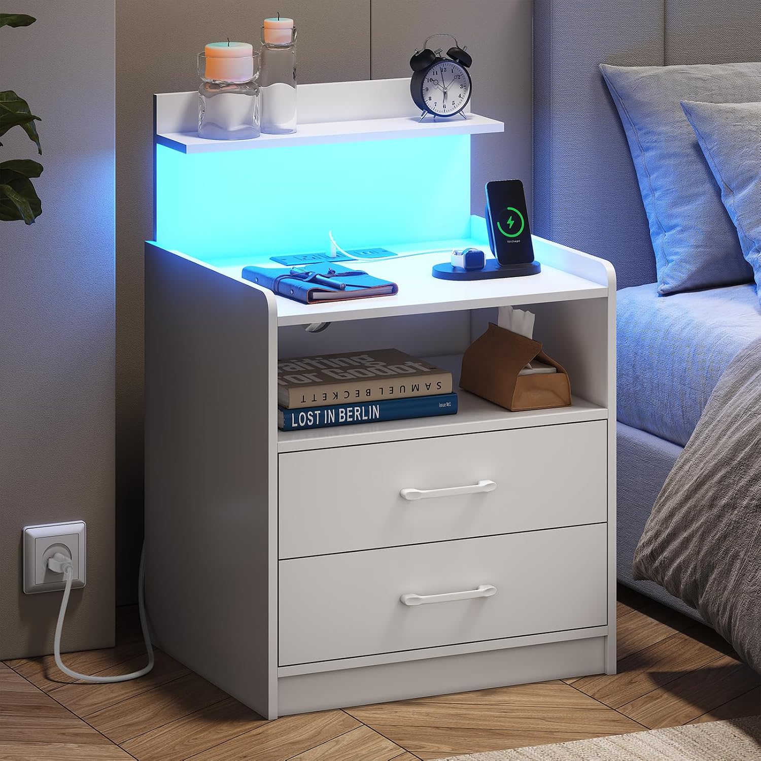 Nightstand Set of 2 with Charging Station and LED Lights, Bedside Table with 2 Drawers and Open Storage Shelf, 2 USB Ports and 2 AC Outlets, LED Night Stands for Bedroom Set of 2, White