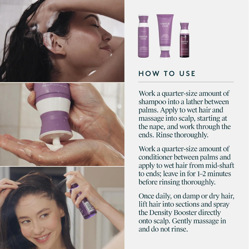 Virtue Flourish Shampoo, Conditioner and Density Booster Treatment Bundle for Thinning Hair for Women, 100% Drug-Free Regimen