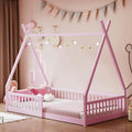 JIVOIT Twin Size Wood House Bed with Fence, House Platform Bed with Roof, Twin Montessori Bed Frame, Wood Slats Support, No Box Spring Needed (Pink/74)