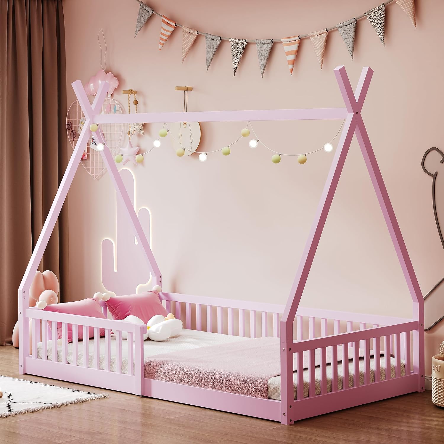JIVOIT Twin Size Wood House Bed with Fence, House Platform Bed with Roof, Twin Montessori Bed Frame, Wood Slats Support, No Box Spring Needed (Pink/74)