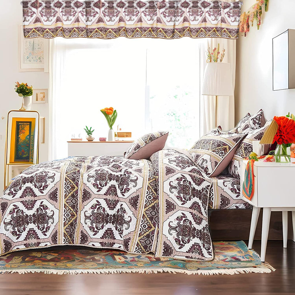 DaDa Bedding Collection Bed in a Bag Set - 11 Pieces - Farmhouse Elegant Paisley Burgundy Maroon Kilim : Bedroom Set with Fitted Sheet, Throw Pillows, and Valances - King