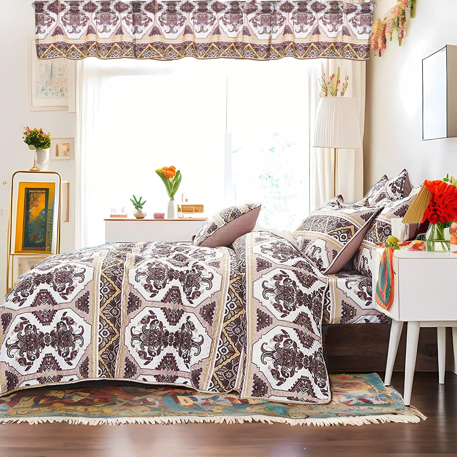DaDa Bedding Collection Bed in a Bag Set - 11 Pieces - Farmhouse Elegant Paisley Burgundy Maroon Kilim : Bedroom Set with Fitted Sheet, Throw Pillows, and Valances - King