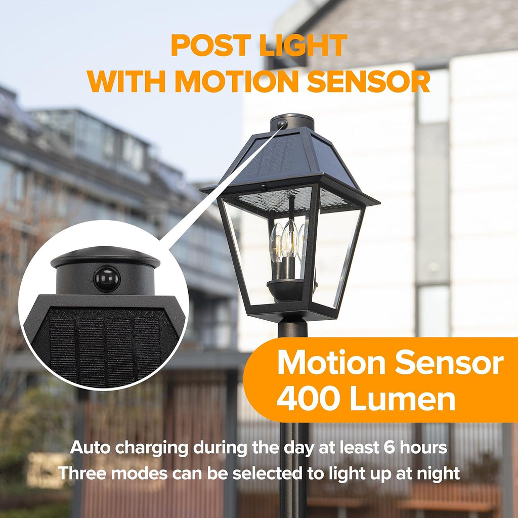 LUTEC Outdoor Solar Lamp Post Light with Motion Sensor, Dusk to Dawn Waterproof Pole Light with Three Modes, Exterior Vintage Black Solar Powered Street Light Fixtures for Garden, Patio, Pathway, Yard