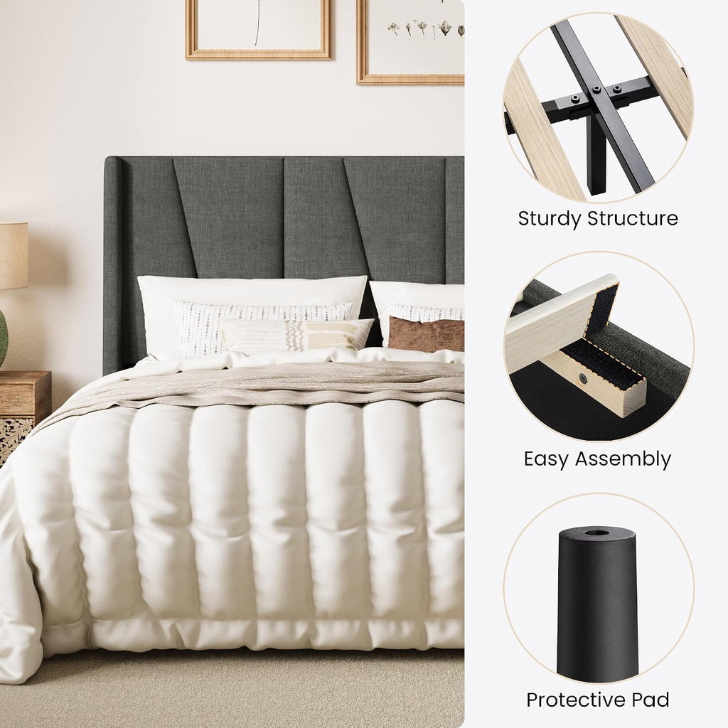SHA CERLIN Queen Size Bed Frame with Geometric Wingback Headboard, Upholstered Platform Bed with Wooden Slats Support, 8' Under-Bed Space, No Box Spring Needed, Easy Assembly, Grey