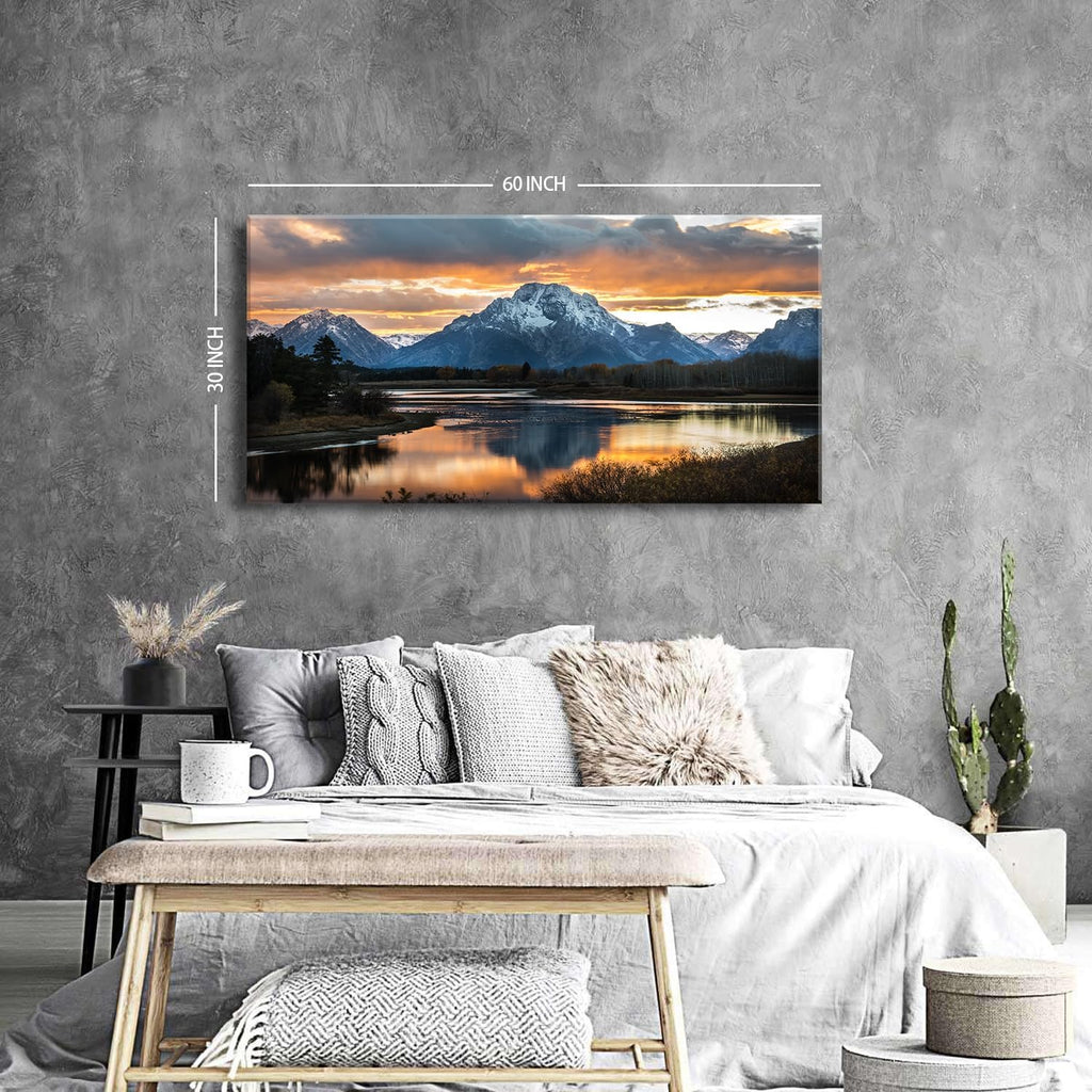 Large Mountain Wall Art for Living Room Sunset Nature National Park Posters Grand Teton Landscape Wall Decor Snake River Wyoming Scenery Canvas Prints Artwork for Bedroom Office Home Decoration 30x60'