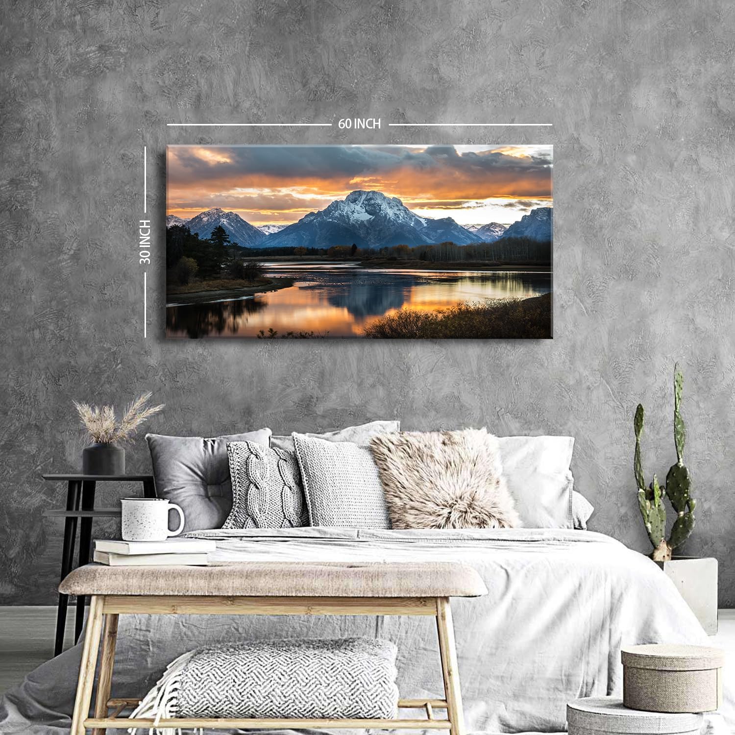 Large Mountain Wall Art for Living Room Sunset Nature National Park Posters Grand Teton Landscape Wall Decor Snake River Wyoming Scenery Canvas Prints Artwork for Bedroom Office Home Decoration 30x60'