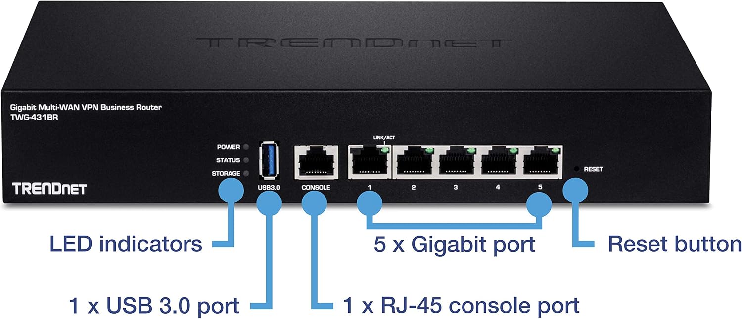TRENDnet Gigabit Multi-WAN VPN Business Router, TWG-431BR, 5 x Gigabit Ports, 1 x Console Port, QoS, Inter-VLAN Routing, Dynamic Routing, Load-Balancing, High Availability, Online Firmware Updates