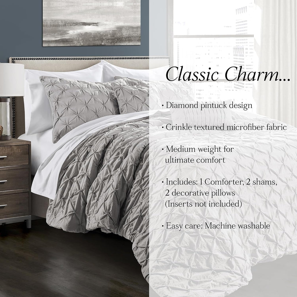 Lush Decor Ravello Pintuck Comforter Set - Luxe 5 Piece Textured Bedding Set - Traditional Glam & Farmhouse Inspired Bedroom Decor - King, Light Gray