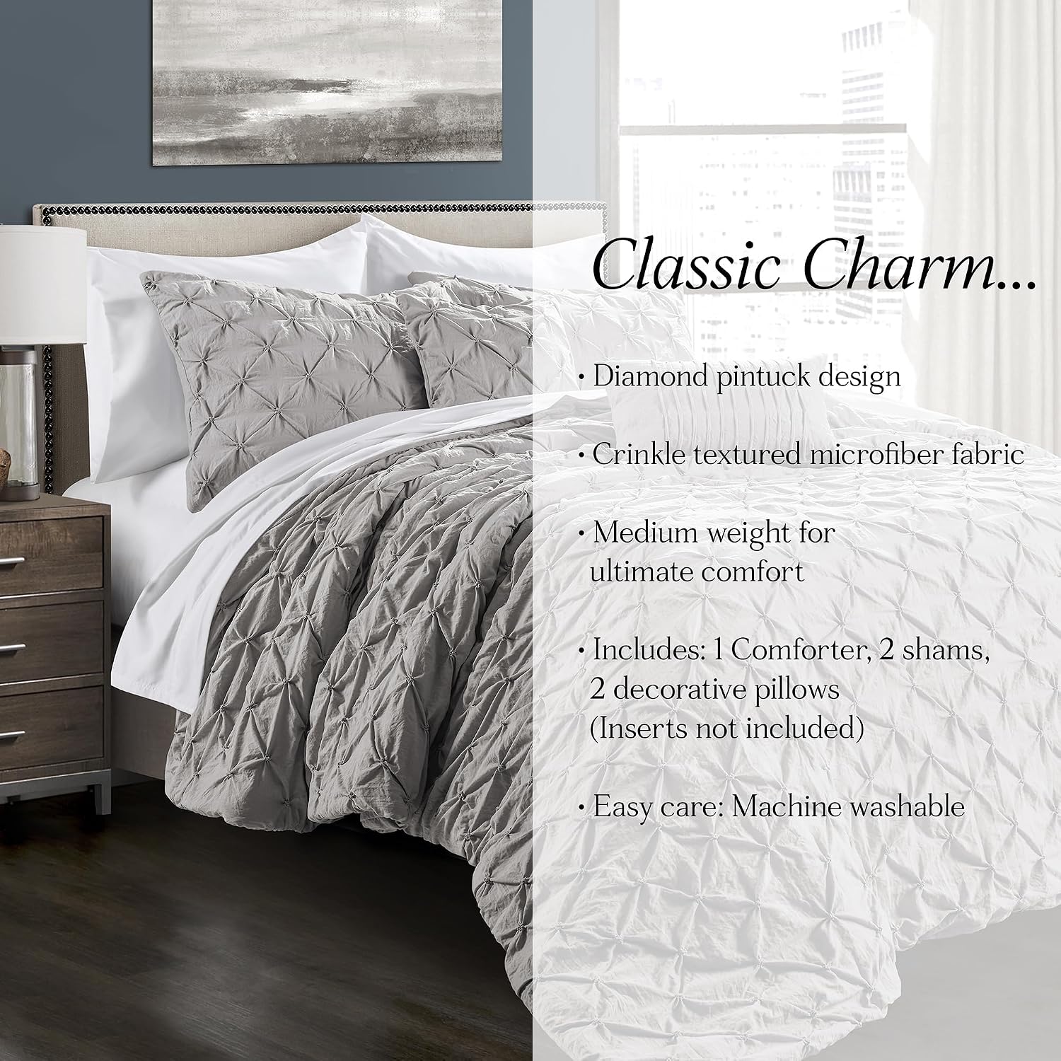 Lush Decor Ravello Pintuck Comforter Set - Luxe 5 Piece Textured Bedding Set - Traditional Glam & Farmhouse Inspired Bedroom Decor - King, Light Gray