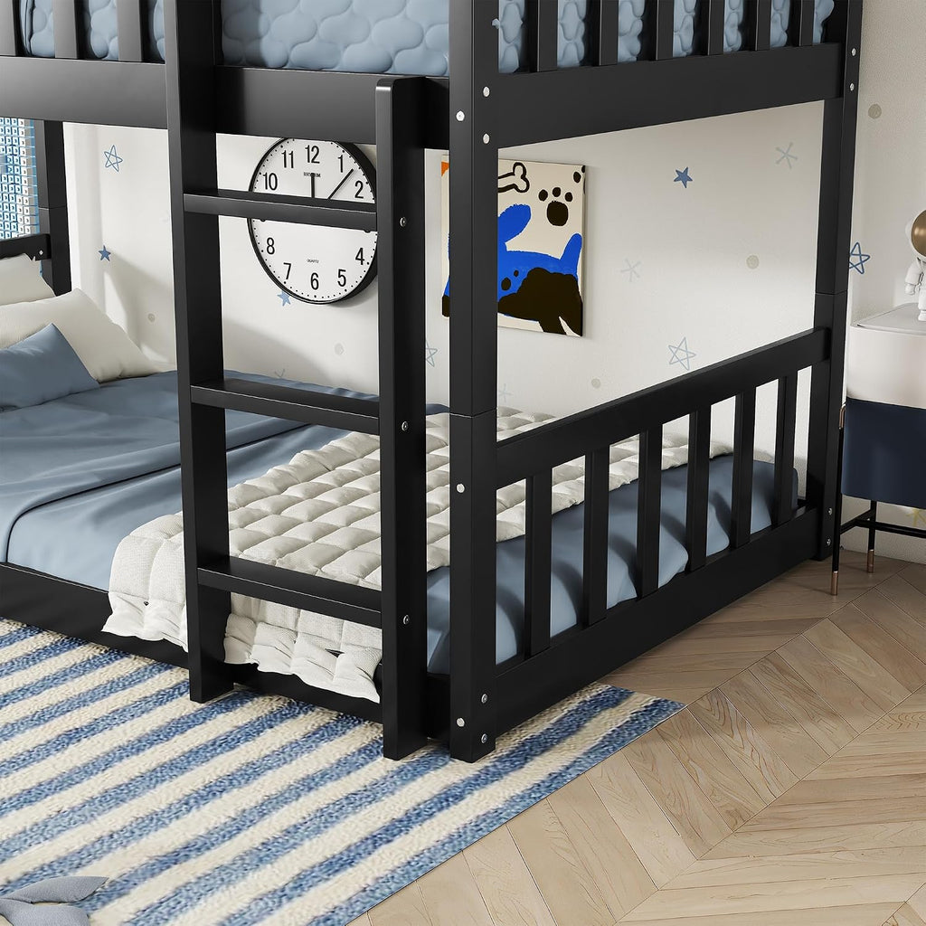 Twin Size Triple Rubber Wood Bunk Bed, Detachable Bunk Bed with Ladders, Guardrails, Twin Over Twin Over Twin for Kids, Black