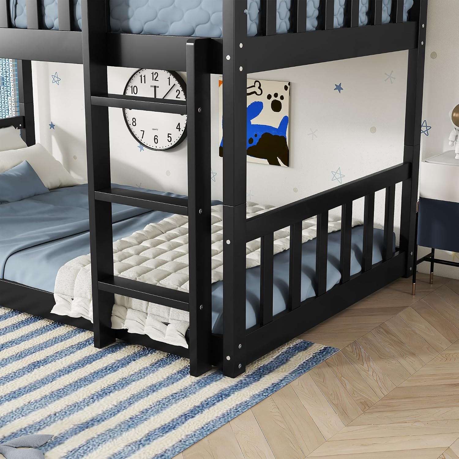 Twin Size Triple Rubber Wood Bunk Bed, Detachable Bunk Bed with Ladders, Guardrails, Twin Over Twin Over Twin for Kids, Black