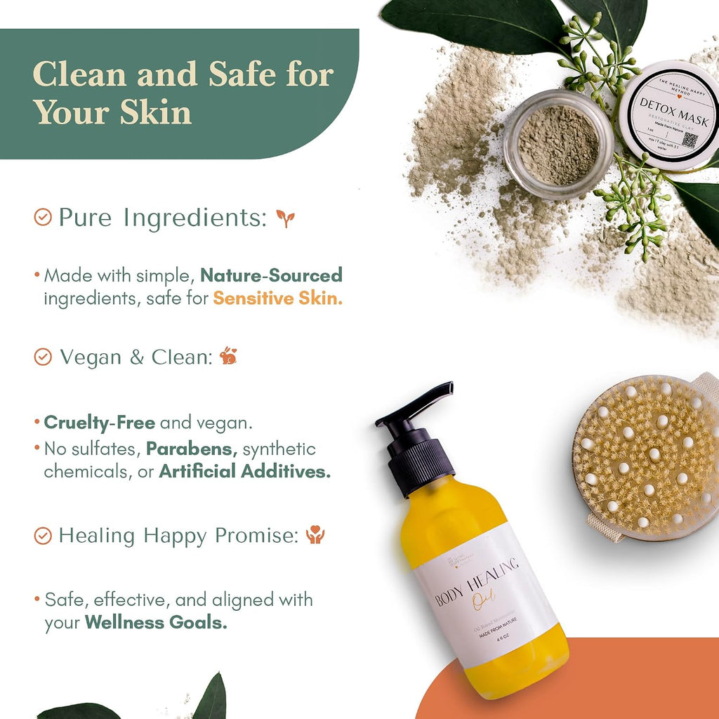 Healing Happy Method 11-Piece Skincare Set for Men and Women – Organic Natural Cleanser, Moisturizer, Toner, Gua Sha, Dry Brushes, Clay Mask and Zit Stick