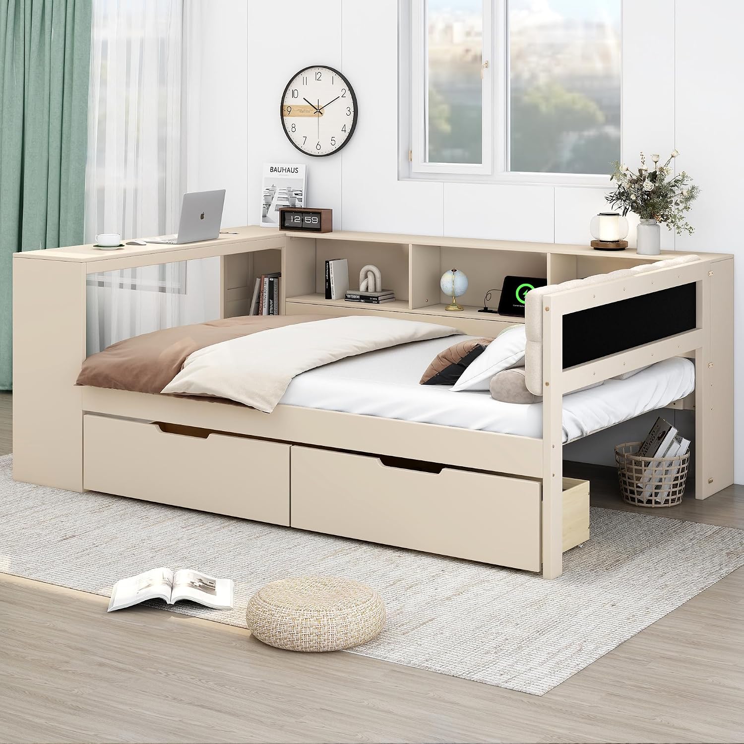 Full Size Platform Bed with Storage Shelves and Study Desk, Wood Daybed Frame with Upholstered Headboard and 2 Drawers for Office/Living Room/Bedroom, Maximize Space