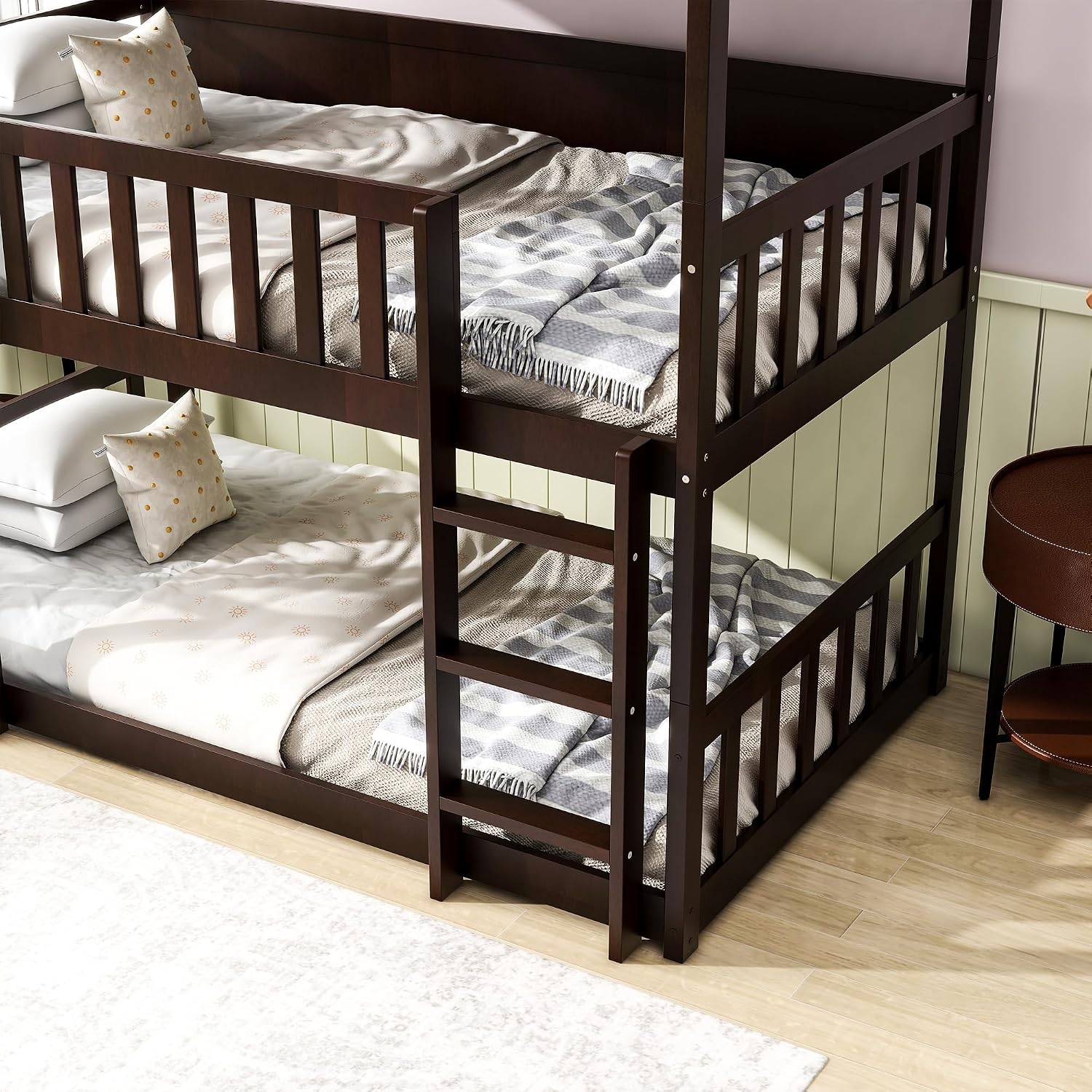 Twin Size Triple Rubber Wood Bunk Bed, Detachable Bunk Bed with Ladders, Guardrails, Twin Over Twin Over Twin for Kids, Espresso