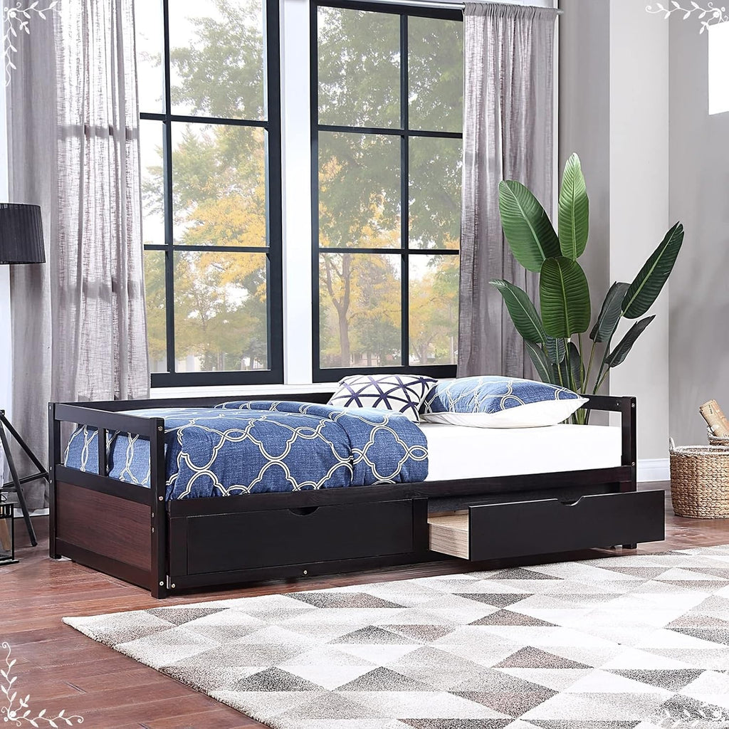 Sofa Bed Twin Size, Minimalist Bed Frame Espresso with 2 Storage Drawers with Solid Wood Slats Daybed for Bedroom Living Room