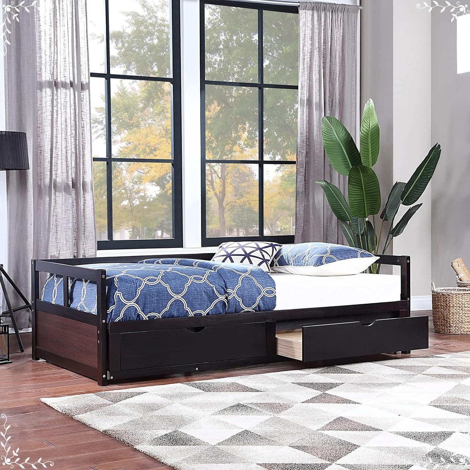 Sofa Bed Twin Size, Minimalist Bed Frame Espresso with 2 Storage Drawers with Solid Wood Slats Daybed for Bedroom Living Room