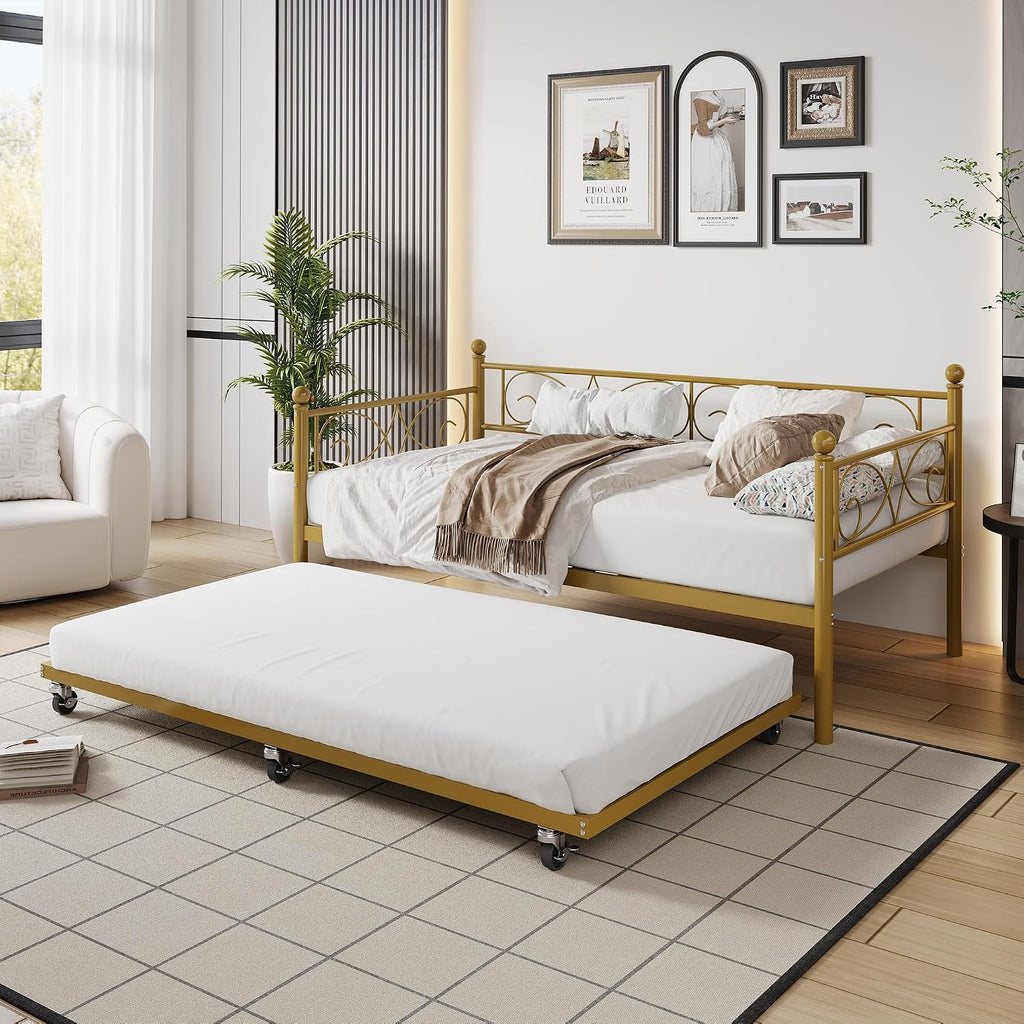 Heavy Duty Twin Daybed with Trundle, Metal Sofa Bed Frame with Floral Headboard & Slats, No Box Spring Needed, Multifunctional Platform Bed for Guest Room, Bedroom,Set Gold Twin Size