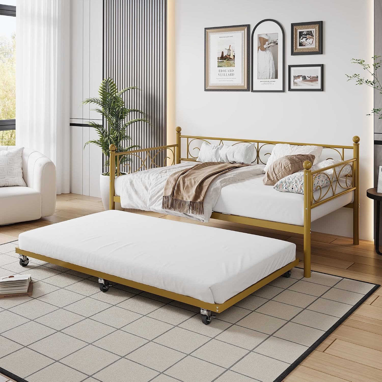 Heavy Duty Twin Daybed with Trundle, Metal Sofa Bed Frame with Floral Headboard & Slats, No Box Spring Needed, Multifunctional Platform Bed for Guest Room, Bedroom,Set Gold Twin Size