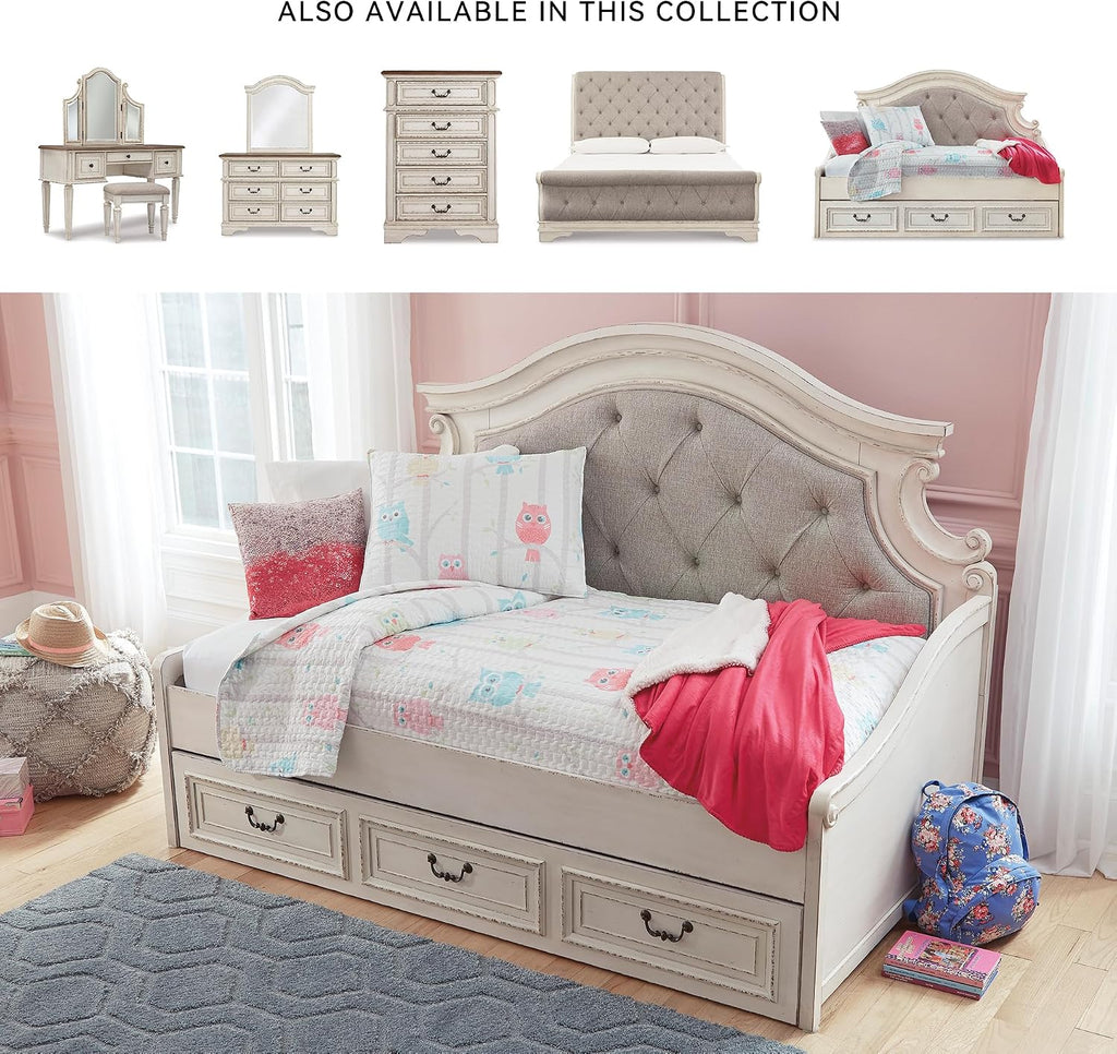 Signature Design by Ashley Realyn Traditional Upholstered Tufted Twin Platform Daybed with 1 Large Drawer, Foundation or Box Spring Not Needed, White & Beige