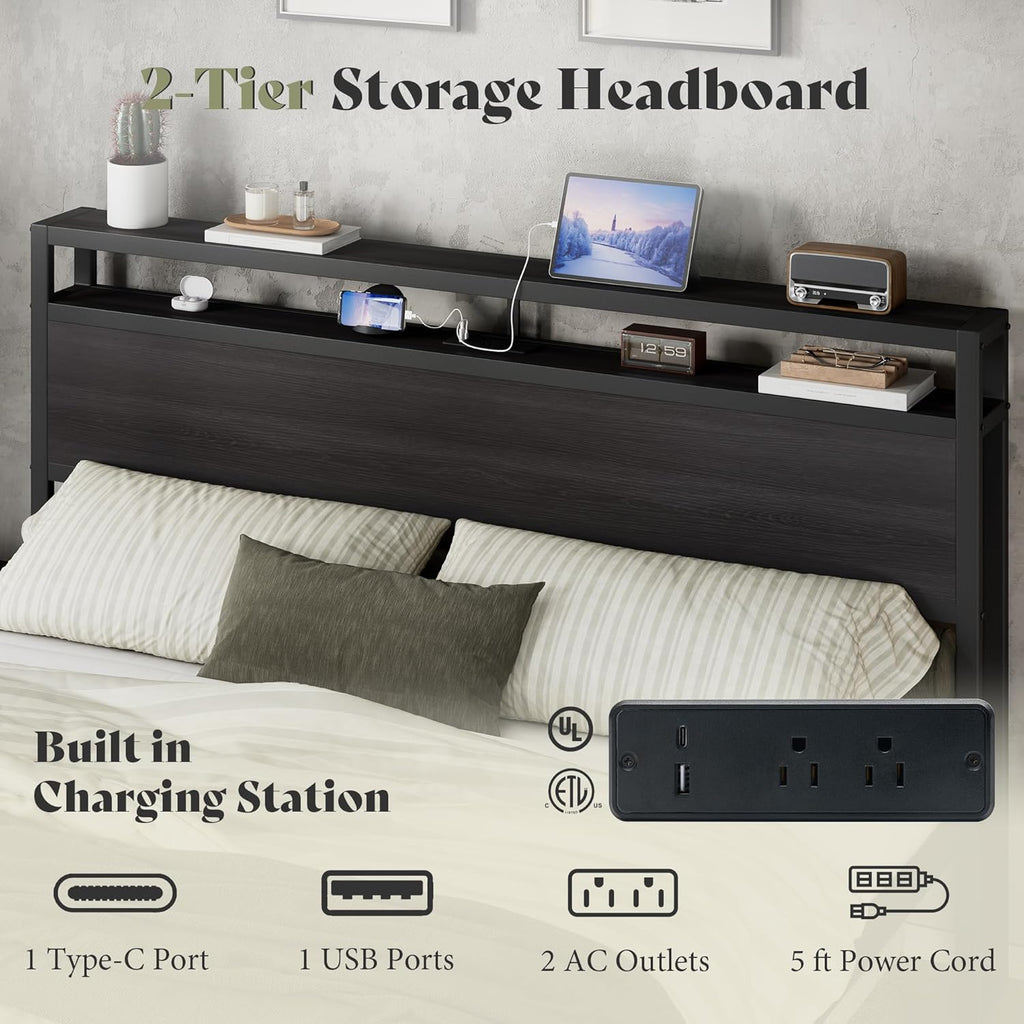 AMERLIFE King Size Bed Frame with Storage Headboard & Charging Station, Industrial Metal Platform Bed with Large Under-Bed Storage, Heavy Duty Slats, No Box Spring Needed, Black