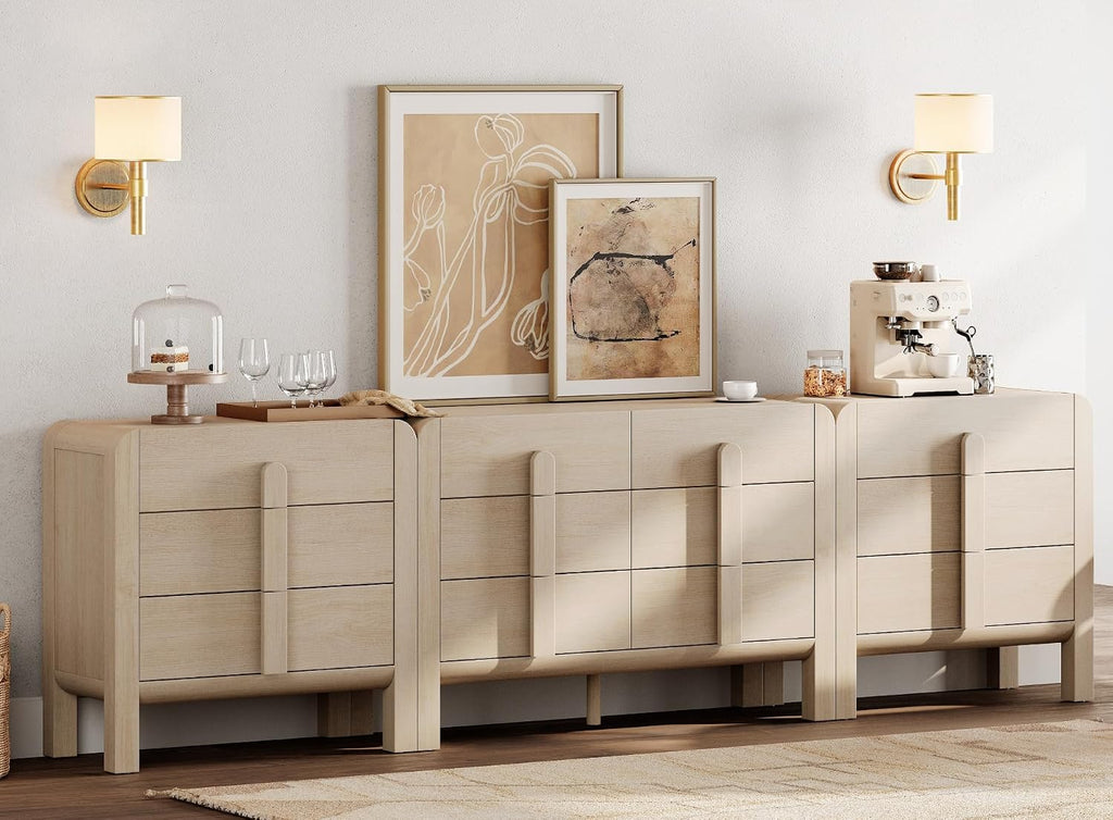 WAMPAT 3 Piece Bedroom Dresser Set, 110.2' Wide Mid Century Modern Chest of Drawers with Curved Handles, Dresser TV Stand with 12 Drawers, Wood Drawer Organizer for Bedroom, Light Oak