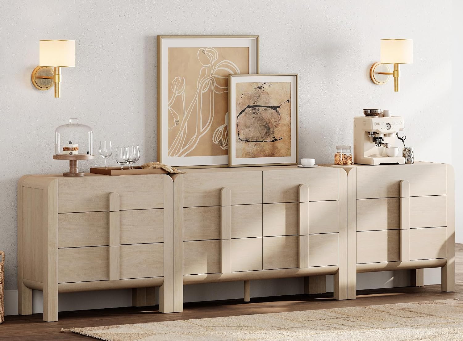 WAMPAT 3 Piece Bedroom Dresser Set, 110.2' Wide Mid Century Modern Chest of Drawers with Curved Handles, Dresser TV Stand with 12 Drawers, Wood Drawer Organizer for Bedroom, Light Oak