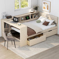 Full Size Platform Bed with Storage Shelves and Study Desk, Wood Daybed Frame with Upholstered Headboard and 2 Drawers for Office/Living Room/Bedroom, Maximize Space
