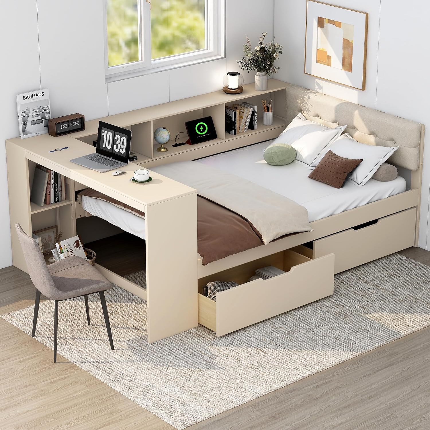 Full Size Platform Bed with Storage Shelves and Study Desk, Wood Daybed Frame with Upholstered Headboard and 2 Drawers for Office/Living Room/Bedroom, Maximize Space