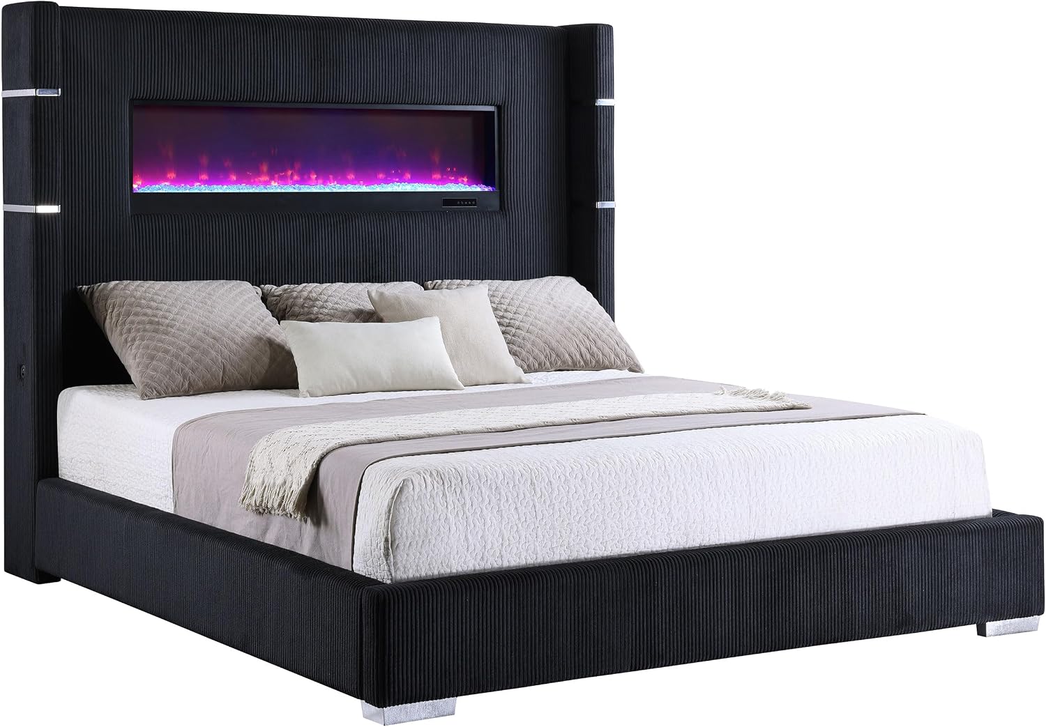 Coaster Home Furnishings Tisdall Contemporary Corduroy Upholstered Eastern King Size Flame Visualizer Wingback Bed Frame 67-inch Headboard with USB Charging Outlet Black 306031KE