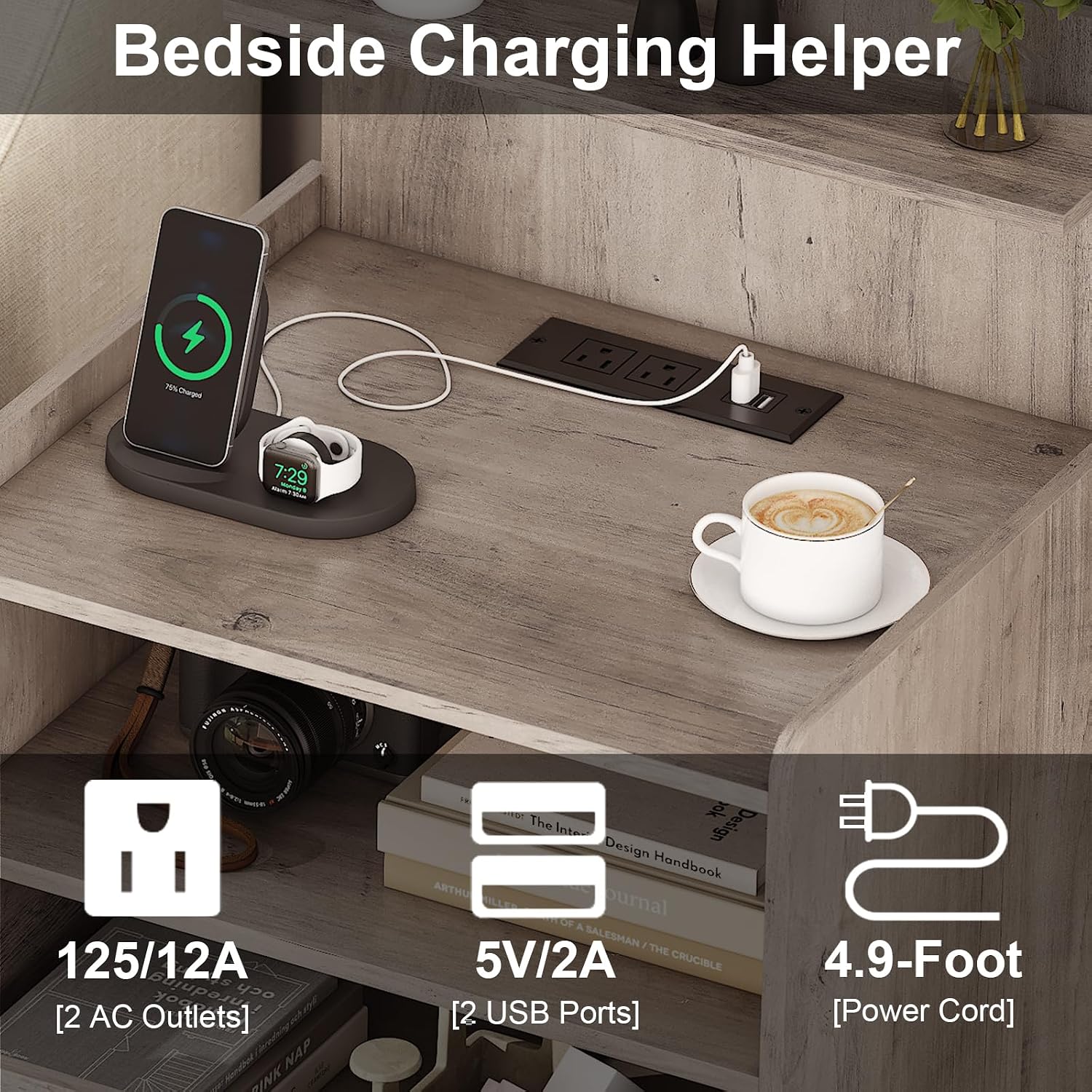 Nightstand Set of 2 with Charging Station and LED Lights, Bedside Table with 2 Drawers and Open Storage Shelf, 2 USB Ports and 2 AC Outlets, LED Night Stands for Bedroom Set of 2, Grey