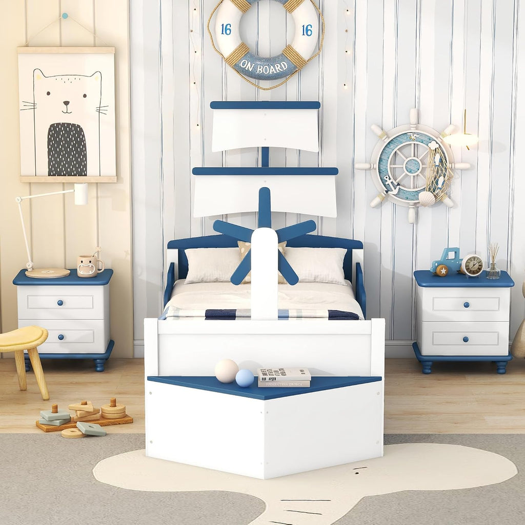 Generic 3 s Bedroom Sets,Twin Size Boat Shaped Platform Bed with Trundle and Two Nightstands,White+Blue, As title