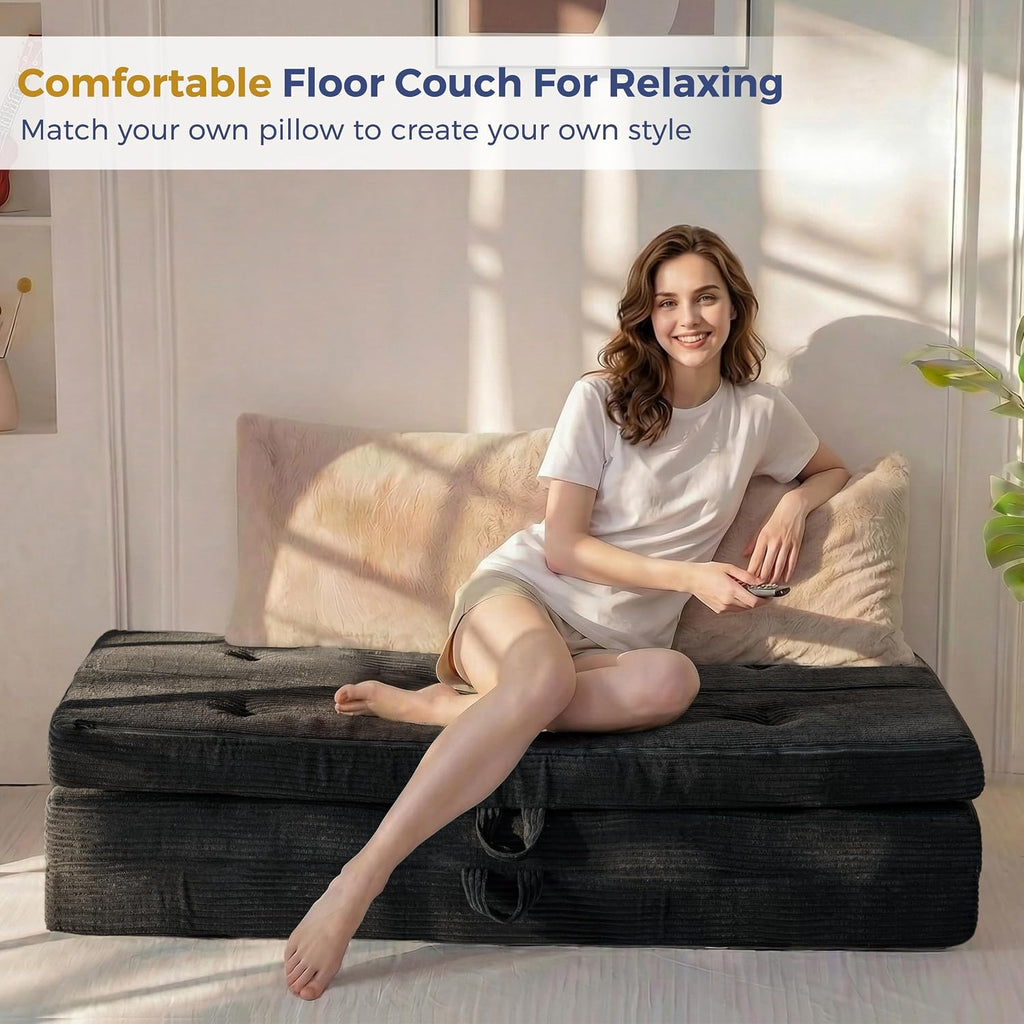 MAXYOYO Foldable Sofa Couch Bed, 4 Inch Tufted Folding Mattress, Portable Floor Couch with Handles Guest Bed Topper Portable Camping Mat with Corded Fabric, Full Size, Black
