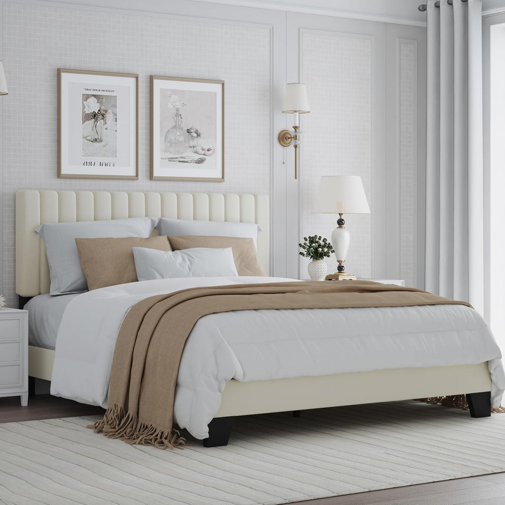 Queen Bed Frame, Velvet Upholstered Platform Bed Frame with Adjustable Headboard, Vertical Quilted Design, Sturdy Slatted Mattress Base, Easy to Assemble, White