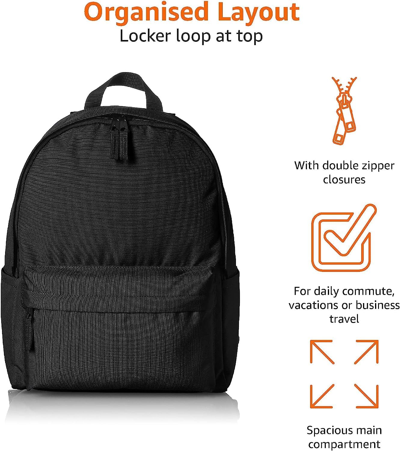 Amazon Basics Backpack for School,Travel,Study with Padded Adjustable Shoulder Straps,Spacious Compartment,Water Bottle Pockets,Durable Classic Design,Black,(Pack of 8)