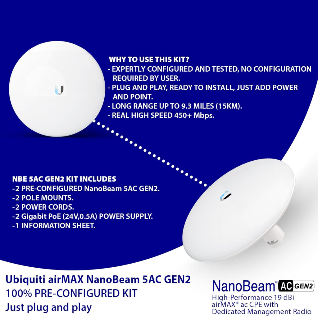 Wireless Bridge NBE-5AC-GEN2 PRE-CONFIGURED Bundle of 2 Outdoor Point-to-Point Wi-Fi Bridge, Plug and Play, 450+ Mbps Speed, 15+ km Range