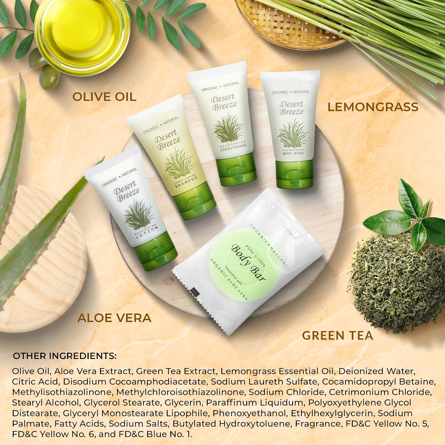 Travel Size Hotel Toiletry Set 150 Count 1 oz Bottles Guest Amenities for Vacation Rentals and Short Term Rentals Paraben Free Green Tea Lemongrass Scent Infused with Aloe and Olive Oil |Desert Breeze