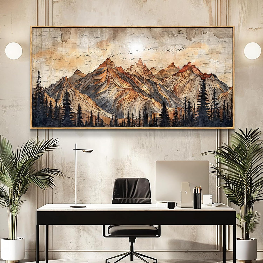 JUDASJART Canvas Wall Art For Bedroom Large Wall Decorations For Living Room Modern Office Wall Decor Abstract Watercolour Painting Mountain Landscape Pictures Artworks Home Decor Wood Framed 32'x72'
