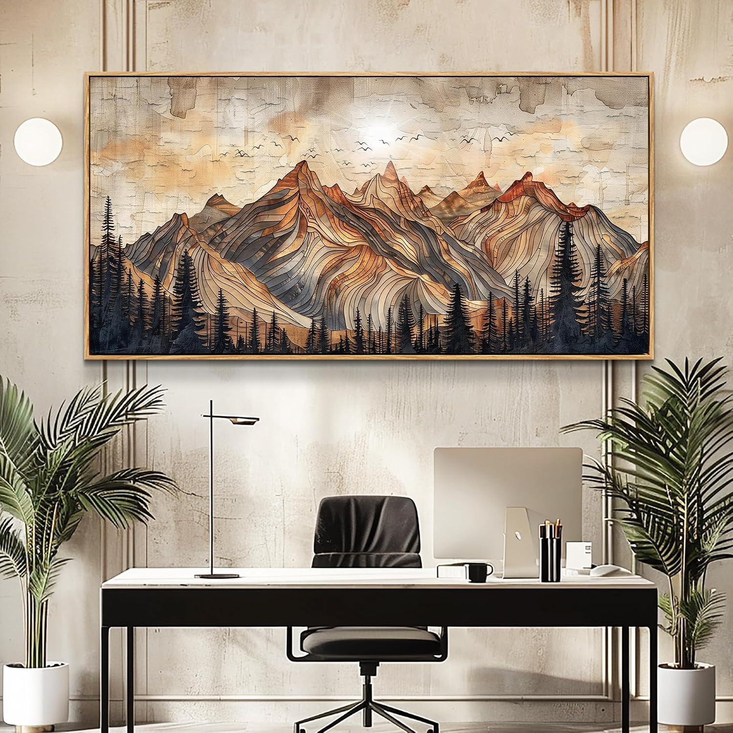 JUDASJART Canvas Wall Art For Bedroom Large Wall Decorations For Living Room Modern Office Wall Decor Abstract Watercolour Painting Mountain Landscape Pictures Artworks Home Decor Wood Framed 32'x72'