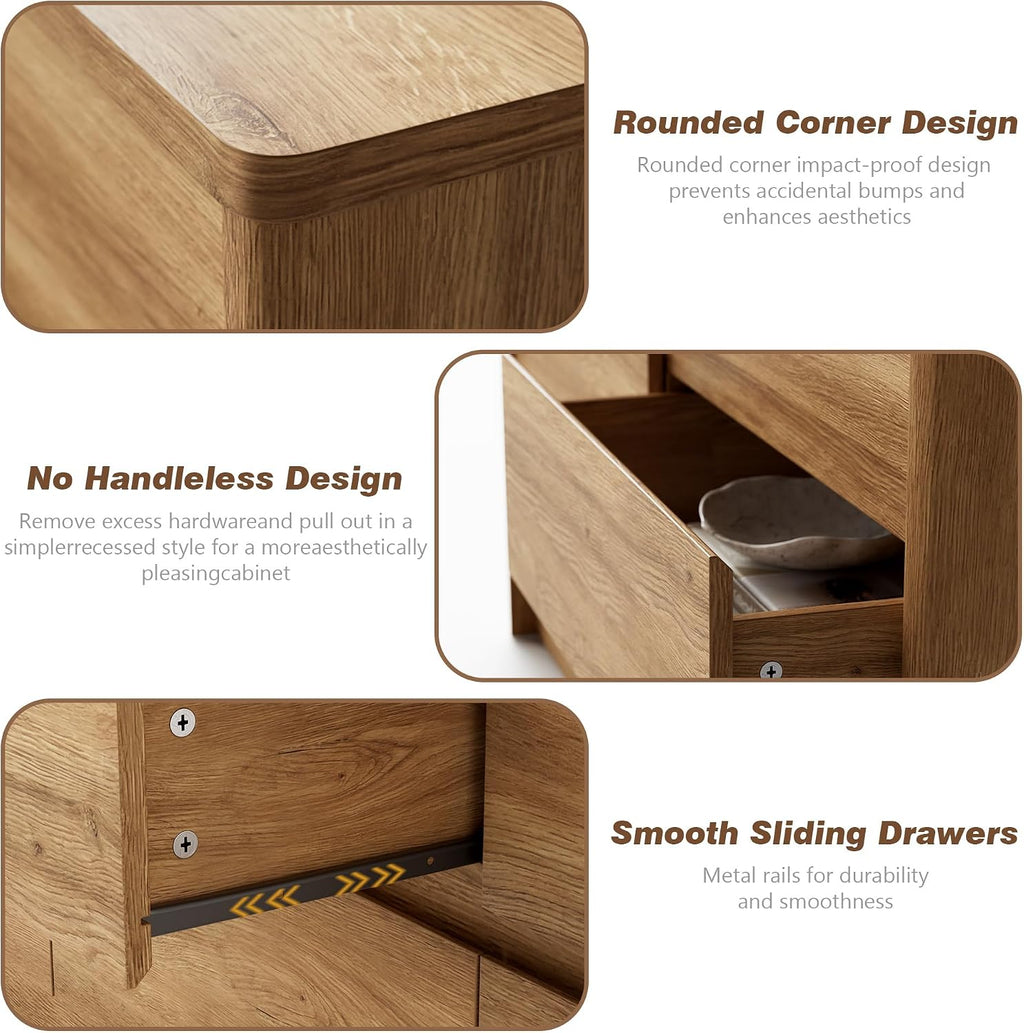 3 Pieces Bedroom Set, 55 Inch Width 7-Drawer Dresser & 2-Drawer Nightstands Set of 2,Nightstand with USB&Type C Charging Station&Outlets,Modern Design for Bedroom, Natural Oak