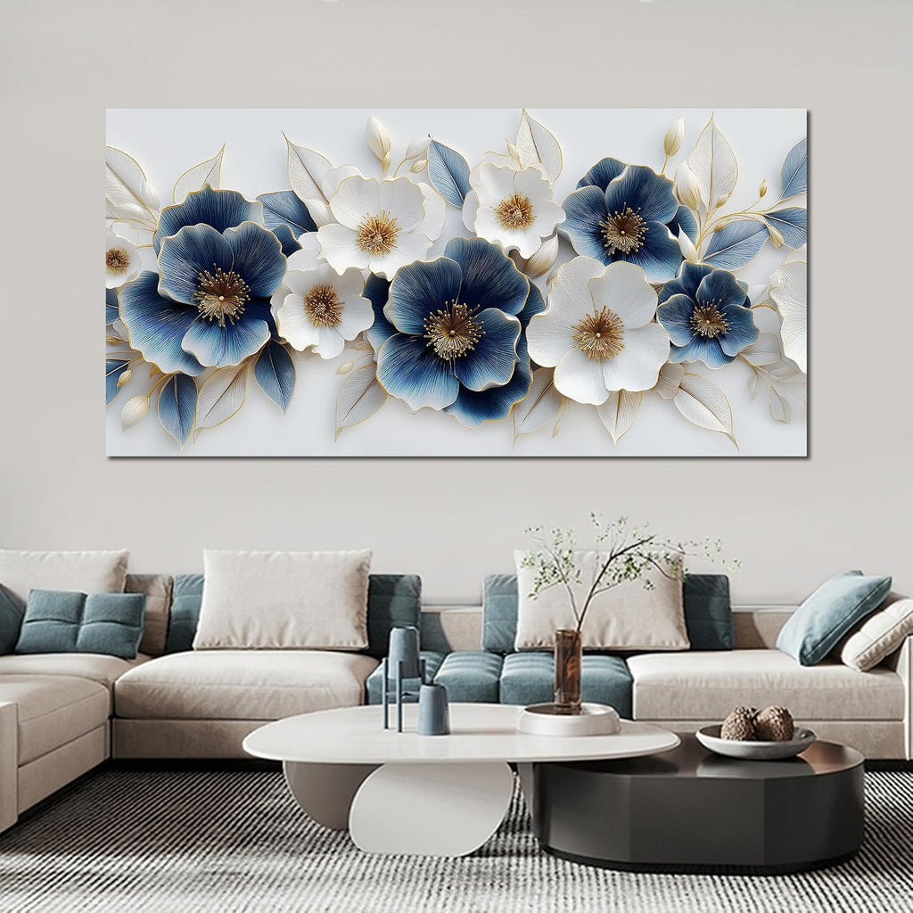 Large Canvas Wall Art for Living Room Blue and White Floral Print Painting wall Decor for Bedroom Office Modern Home Botanical Framed Wall Decorations Artwork Size 30x60 Ready to Hang