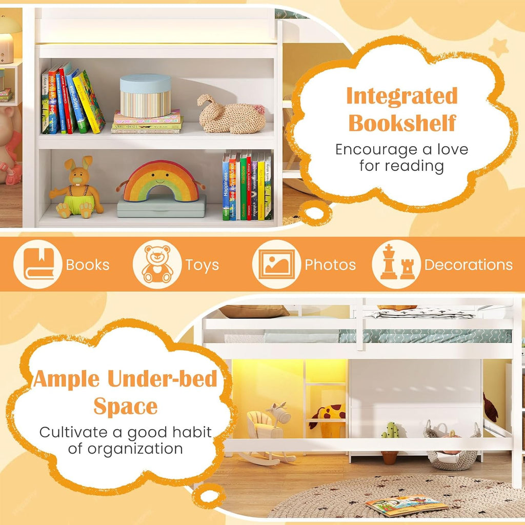 Giantex Twin Size House Loft Bed, Low Loft Bed with Roof, Window, LED Lights & Storage Bookshelf, Solid Wood Bedframe w/Ladder, Safety Guardrail, Under-Bed Play Space for Kids Boys Girls, White