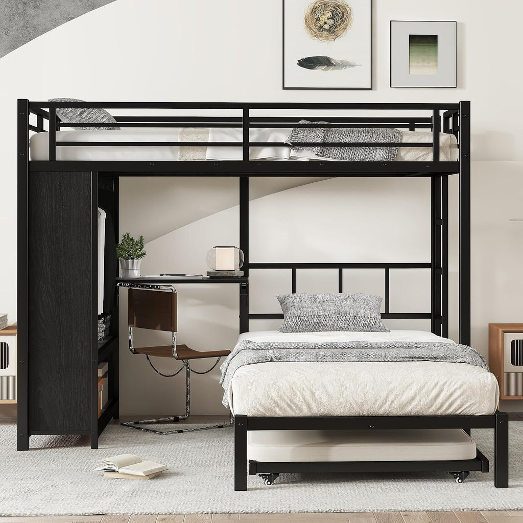 JIVOIT Metal Bunk Bed with Trundle, Twin Over Twin Bunk Bed with Foldable Desk, Built-in Wardrobe, Ladders and Safety Guard, Noise-Reduced Design, Space-Saving, No Box Spring Needed