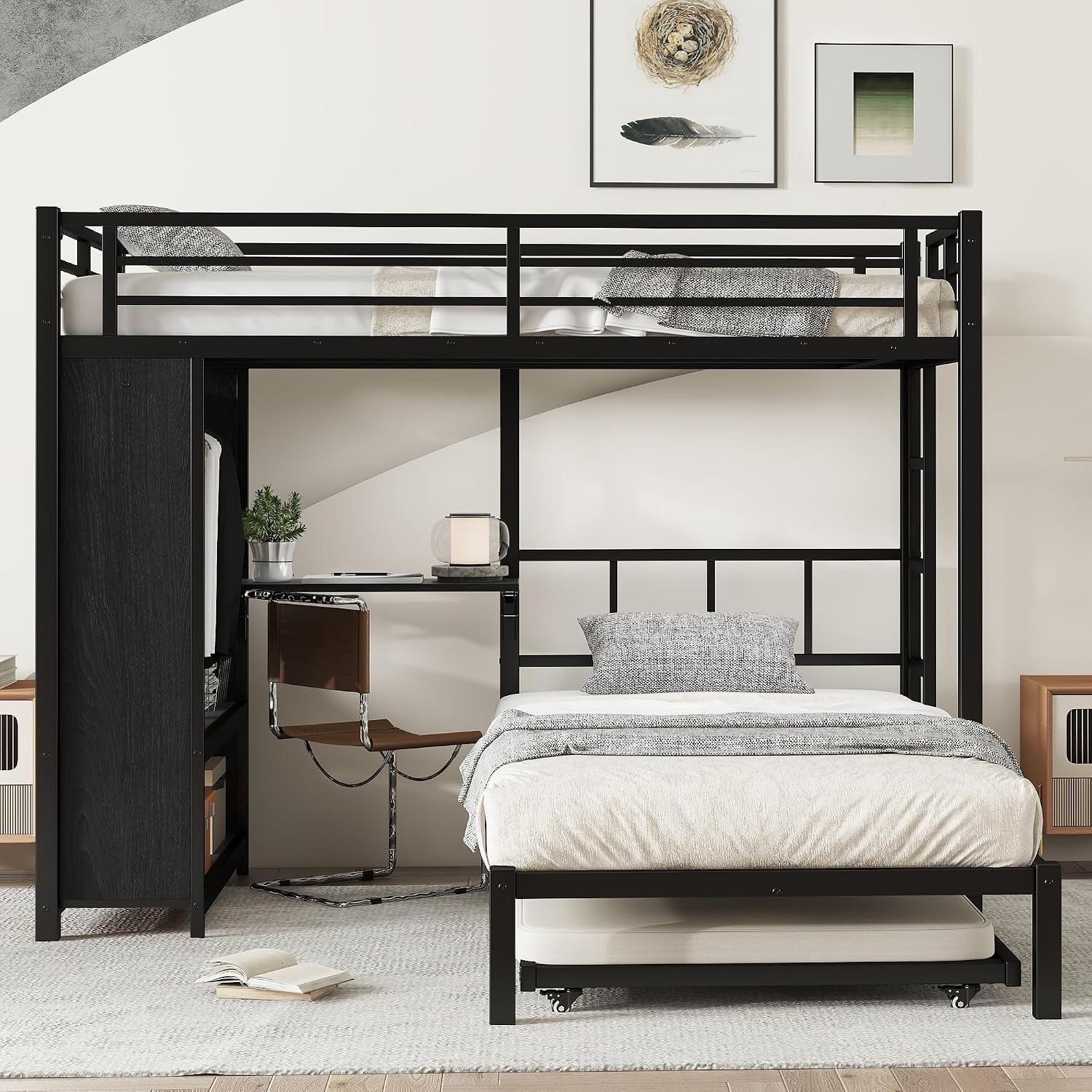 JIVOIT Metal Bunk Bed with Trundle, Twin Over Twin Bunk Bed with Foldable Desk, Built-in Wardrobe, Ladders and Safety Guard, Noise-Reduced Design, Space-Saving, No Box Spring Needed