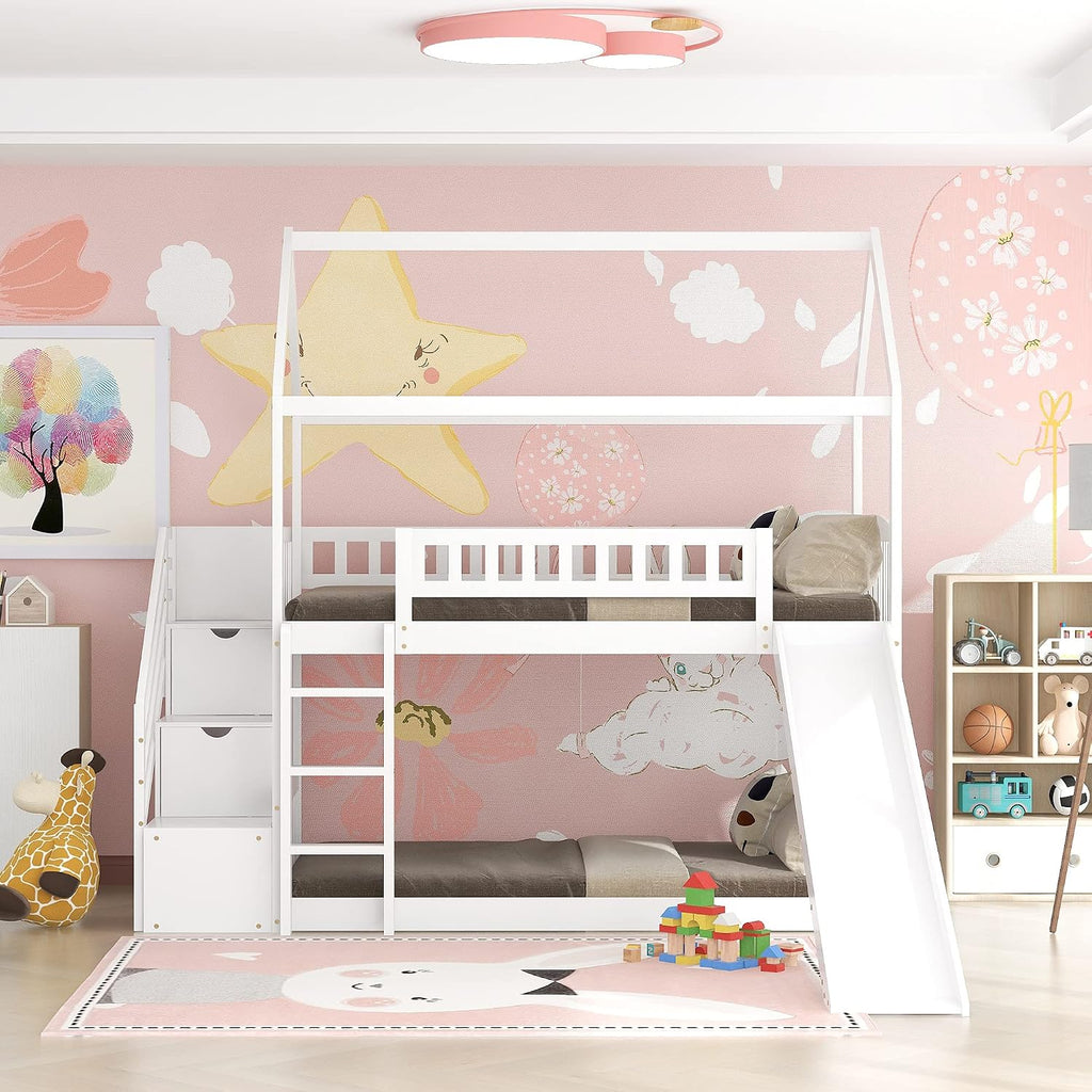 KLMM Twin Over Twin Bunk Bed for Kids Toddlers, House Bunk Bed Farm with Storage Steps and Slide Ladder Roof Guardrail for Girls/Boys, No Spring Box Required (White-Wood)