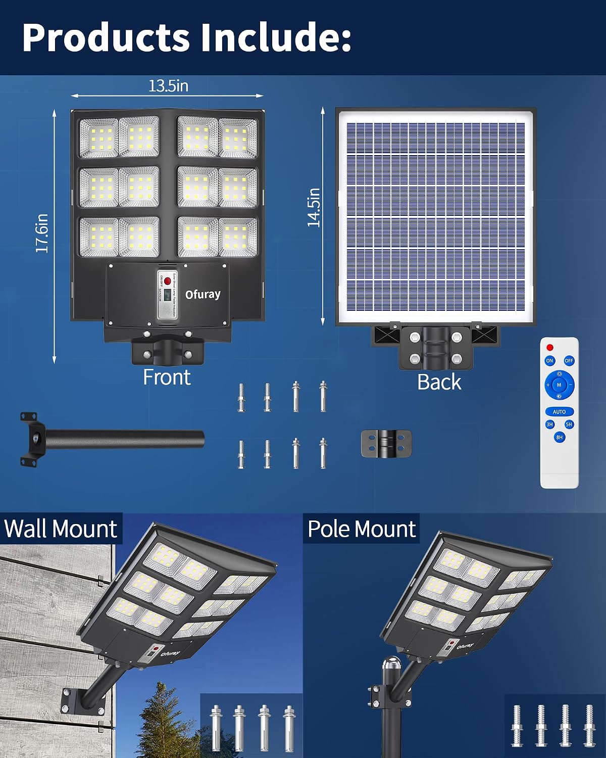 Ofuray Solar Street Lights Outdoor,Solar Security Flood Lights Parking Lot Lights Commercial Dusk to Dawn, 6500k Waterproof Led with Remote Control Motion for Street,Court,Barn (Of-800W 80000Lm)