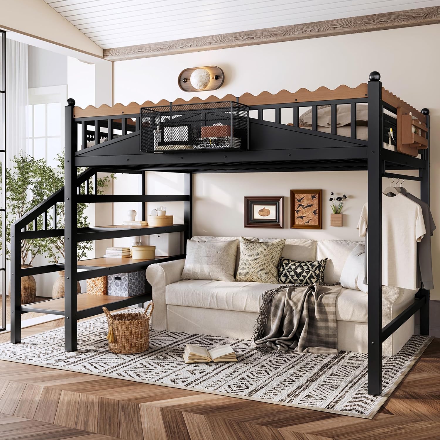 JIVOIT Queen Size Metal Loft Bed Frame, Space-Saving Loft Bed with Storage Stairs, Storage Shelves and Bookshelf, Strong Support Slats, Perfect for Bedroom, Guest, Dorms
