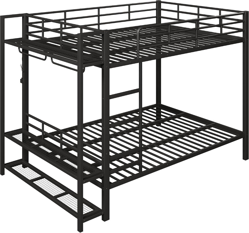 JIVOIT Metal Bunk Bed with Storage Mesh Shelves and Clothes Hooks, Open Storage Shelves, Queen Size Bunk Bed with Full-Length Reinforced Guardrails for Teens and Adults, No Box Spring Needed