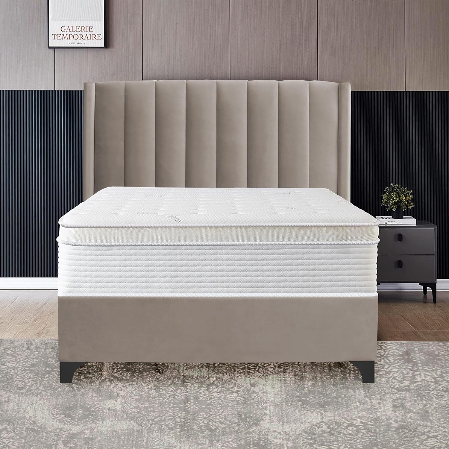 Greaton, Suede Upholstered Bed Frame, Decorative Attractive Headboard, Long Lasting Durable, Includes 3 Color Legs to Choose Gold, Silver and Black, Twin, Taupe